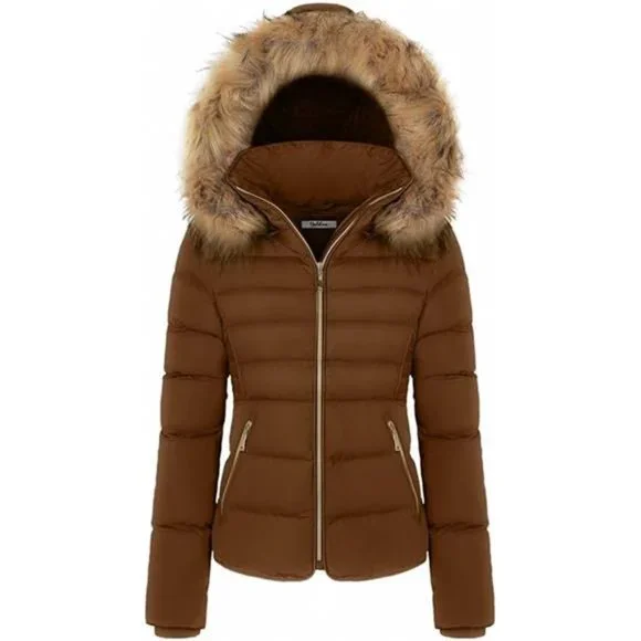 Fur Hooded Puffer Jacket With Zipper Fleece Lining For Women